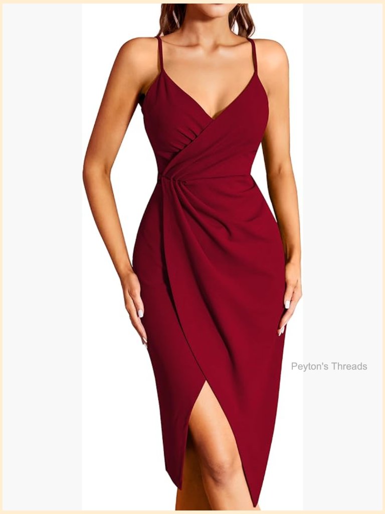 Wrap V Neck Sleeveless Spaghetti Strap Ruched Bodycon Midi Slit Party Cocktail